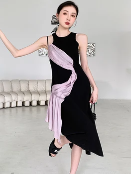 2023 Новое Летнее Винтажное платье контрастного цвета в стиле пэчворк, Нерегулярное Тонкое платье-жилет, Женские Повседневные Модные платья-халатики, Vestidos