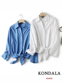 KONDALA Винтажные Свободные Однотонные Женские рубашки с длинным рукавом, V-образный вырез, однобортная Свободная блузка с бантом, Модные летние топы 2023 года