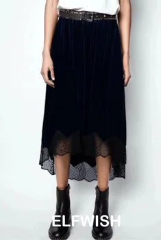 Женская темно-синяя шелковая бархатная юбка Миди с эластичным поясом, Черный кружевной вышитый подол, модная длинная юбка с неровным подолом 2022SS