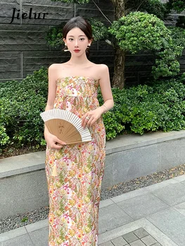 Jielur Новое праздничное платье из жаккарда в китайском стиле без бретелек, с высокой талией, винтажное платье на молнии, женское платье с разрезом на шее, цветочное платье, женское
