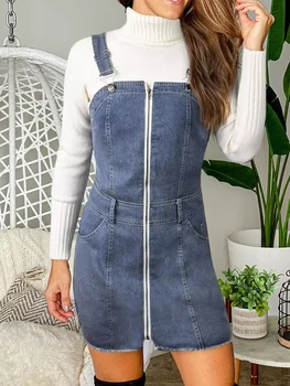 Весеннее женское джинсовое платье трапециевидной формы с карманами на молнии 2023 года, классическая джинсовая юбка с регулируемым ремешком, Общая джинсовая юбка