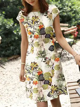 Богемное летнее платье с цветочным принтом ZANZEA, женское повседневное платье с коротким рукавом для пляжного отдыха, винтажное праздничное платье длиной до колен, Vestido