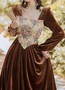 Винтажное коричневое бархатное платье, женское зимнее платье из жаккарда с цветочным рисунком и рукавом-фонариком, элегантные платья в стиле ретро, праздничное платье