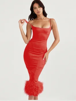 BEVENCCEL Сексуальное Красное Облегающее Миди-Платье на Тонких Бретельках с Перьями и V-образным Вырезом для Женщин, Элегантное Клубное Платье для Вечеринки Знаменитостей 2023
