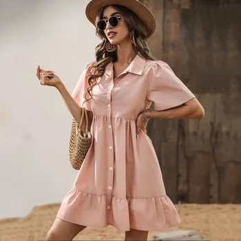Girl Pink Commuter Лето 2022, Новое однотонное платье-поло с воротником-стойкой и пышными рукавами, сшитое из цельного материала, с оборками на подоле
