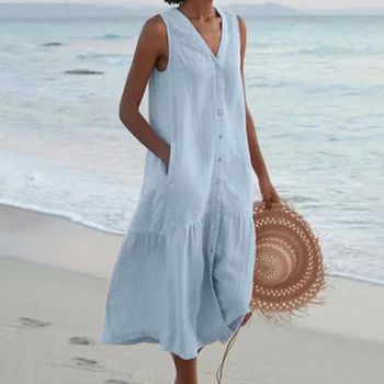 Платье-рубашка без рукавов с глубоким V-образным вырезом, женское летнее элегантное повседневное Свободное длинное платье, Модное хлопковое льняное однобортное пляжное платье