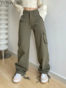 Женские винтажные брюки-карго с несколькими карманами, модные Пикантные женские Однотонные Свободные повседневные брюки с прямыми штанинами, брюки с завязками на подоле DC08
