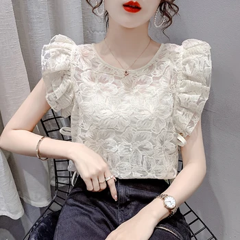 Летняя новинка 2023 года, топ с корейской вышивкой, женская рубашка с летящим рукавом, вязаная крючком блузка с милым цветком, Blusa