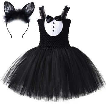 Белые, черные костюмы кошек для девочек, платья для вечеринки по случаю дня рождения для детей, костюмы для косплея животных из зоопарка для малышей, детская одежда на Хэллоуин