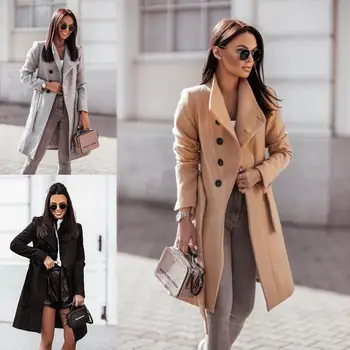 Осенне-зимнее женское шерстяное пальто в Европе и Америке, шерстяное пальто чистого цвета, шерстяное пальто с поясом средней и длинной длины
