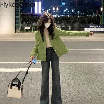 Flykcoozooi Куртки во французском стиле, повседневная женская весенняя куртка с круглым вырезом и длинными рукавами и принтом, винтажные Корейские модные пальто, шикарные топы
