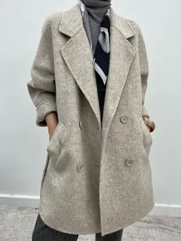 Женское длинное двубортное пальто 2023 года, новое шерстяное пальто на шнуровке, однотонная пижама, ночная рубашка