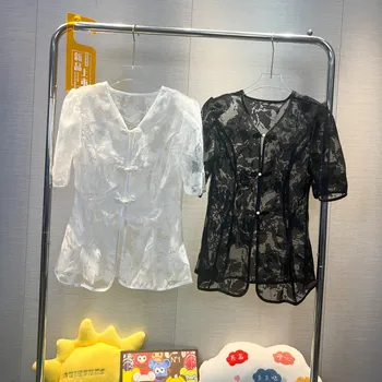Винтажная прозрачная блузка для женщин, летние топы с V-образным вырезом и пуговицами в китайском стиле, облегающие топы Blusa de verano