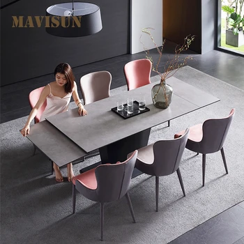 Выдвижной обеденный стол Rock Board Прямоугольный Итальянский минималистичный Современный Светло-роскошный Серый Многофункциональный Кухонный стол