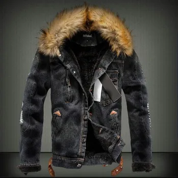 Прямая поставка, мужская джинсовая куртка с меховым воротником, джинсовая куртка и пальто из рваного флиса в стиле ретро на осень-зиму, S-XXXXL