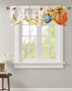 Осенние тыквы, пшеничные колосья, кленовые листья, занавеска на окно, Кухня, кафе, Короткие занавески, занавеска на завязках в гостиной
