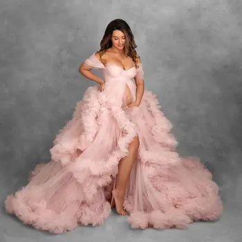 Платье для беременных с оборками для Фотосессии, С открытыми плечами, Розовое Платье для выпускного вечера, Праздничная одежда, Халат для беременных