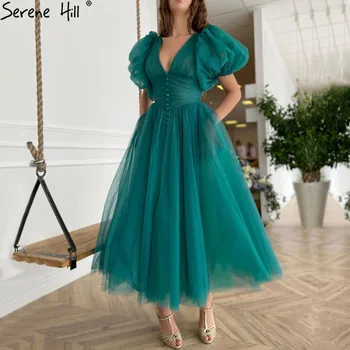 Serene Hill Зеленое Платье для выпускного вечера Трапециевидной формы С пышными рукавами и V-образным вырезом 2023, Сексуальное Вечернее Платье Длиной до щиколоток CLA70871