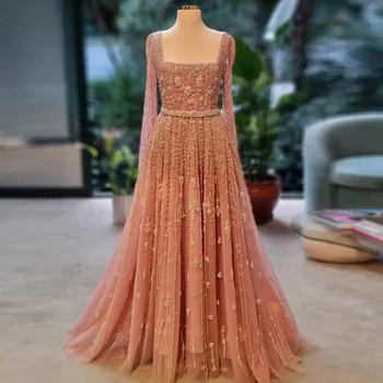 Роскошные Розовые вечерние платья из Дубая для женщин, свадебные Вечерние платья с квадратным вырезом и рукавами, Арабские мусульманские вечерние платья SS494