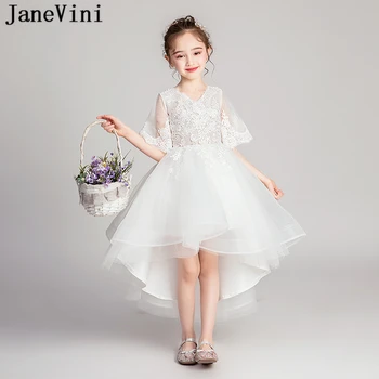 JaneVini Милые белые платья с высоким и низким цветочным узором для девочек, Кружевные аппликации с V-образным вырезом, тюль, платье для первого причастия для девочек длиной по щиколотку