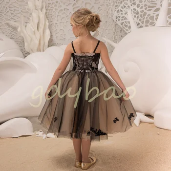 Черное кружевное платье-спагетти длиной до икр с цветочным узором для девочек на бретельках, милое вечернее платье для маленькой девочки для рождественских платьев для причастия