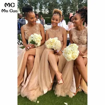 Свадебное платье 2019 цвета шампанского, длинные платья для подружек невесты с кружевным жемчугом, иллюзионный разрез сбоку, праздничное платье для подружек невесты