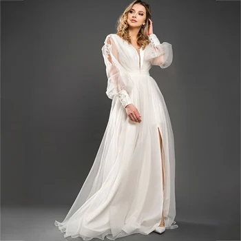 Классические свадебные платья трапециевидной формы С длинными пышными рукавами, юбка с разрезом, сексуальный V-образный вырез, Открытая спина, шлейф, Высококачественное свадебное платье