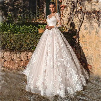 2023 Новые свадебные платья с длинным рукавом, сексуальное бальное платье с V-образным вырезом и пуговицами на спине, роскошный Robe De Mariee На заказ, Vestido De Noiva