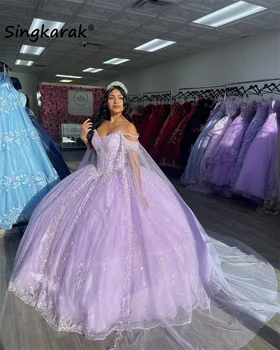 Милые Пышные Платья Принцессы С Сиреневыми Цветами 2023 Года С Отделяющейся Накидкой Из Бисера Crystal Sweet 16 Dress Vestido De 15 Años Prom