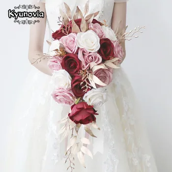 Бордовые и румяные шелковые розы, свадебные букеты для невесты, Каскадный букет невесты для свадебной церемонии, вечеринки, церковного декора.