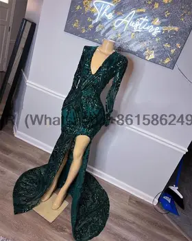Сексуальные темно-зеленые платья Русалки с блестками для выпускного вечера для чернокожих девушек, сексуальные платья для вечеринок с V-образным вырезом и длинными рукавами по случаю свадьбы