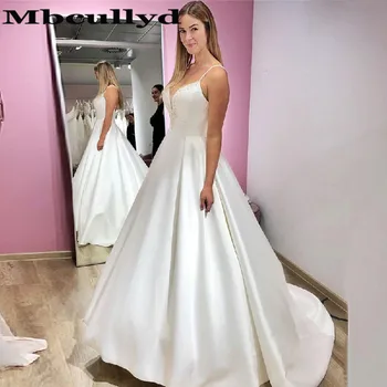 Свадебные платья Mbcullyd Glamours с V-образным вырезом, длинные 2023, Элегантное атласное свадебное платье для женщин, расшитое бисером и кристаллами, vestido casamento praia
