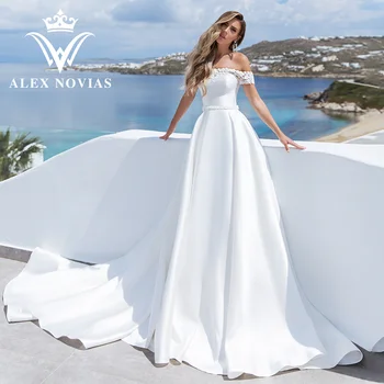 Свадебное платье ALEX NOVIAS из атласа трапециевидной формы, высокое качество, 2023, вырез лодочкой, Аппликации, Цветочный пояс, свадебное платье Vestidos Novias De Saten