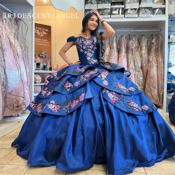 Переливающееся Темно-синее Бальное Платье, Пышные Платья С Многоуровневой Аппликацией И вышивкой, Платья Для девочек 15 лет, Vestidos De 15 Años