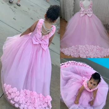 Розовое тюлевое платье в цветочек для девочек с жемчугом и 3D цветочными аппликациями, без спинки, Милые платья для девочек на день рождения с длинным шлейфом