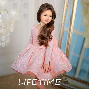 Розовое платье с блестками для маленьких девочек, кружевные тюлевые платья в цветочек с длинными рукавами и бантом, платье для первого причастия для девочек, детские платья на день рождения