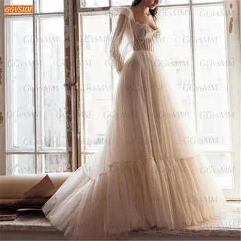 Элегантное Свадебное платье цвета слоновой кости 2021, Богемное свадебное платье, Сшитое на заказ, vestidos de novia, Свадебное платье из тюля с длинными рукавами