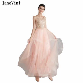 JaneVini Элегантные тюлевые длинные платья для выпускного вечера трапециевидной формы 2019, без рукавов с V-образным вырезом, с золотистыми кружевными аппликациями, расшитыми бисером, плюс размер, платье для выпускного вечера Gala Jurk