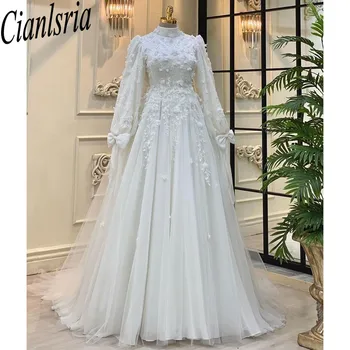 Элегантное мусульманское свадебное платье для невесты 2023, аппликации, цветы, Арабский Дубай, свадебное платье с длинными рукавами, Тюлевый свадебный халат