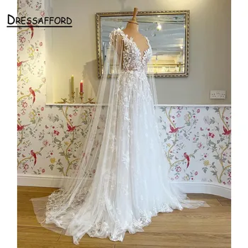 Свадебное платье на бретельках с белой кружевной аппликацией 2023, с обертками, Vestidos Garden, свадебные платья А-силуэта без спинки.