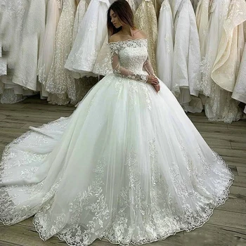 Роскошные Бальные платья принцессы замка, Белые Свадебные платья, Кружевная аппликация с длинным рукавом и вырезом лодочкой, Свадебный халат на заказ 2023, Vestidos