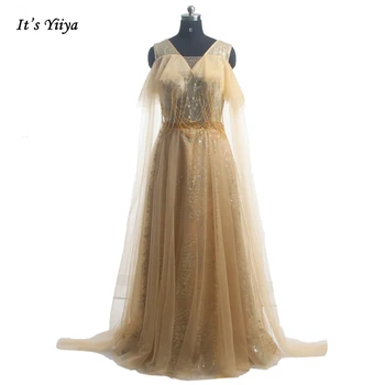 Вечернее платье It's Yiiya, Расшитое Золотым бисером, С V-образным вырезом, трапециевидной формы, длиной до пола, женские вечерние платья для вечеринок B261