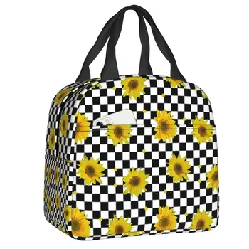Подсолнухи на клетчатых квадратах Изолированная сумка для ланча для женщин Beauty Floral Thermal Cooler Bento Box для кемпинга и путешествий на открытом воздухе