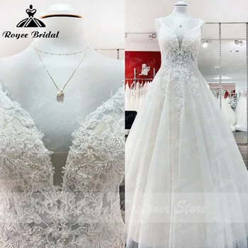 Роскошное свадебное платье А-силуэта с блестками, кружевные бретельки с аппликацией, шлейф, V-образный вырез без спинки, жемчуг, Robe de Mariee