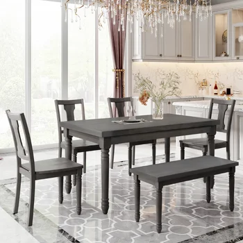 Классический обеденный набор TREXM Деревянный стол и 4 стула со скамейкой для кухни-столовой\  Серый (Набор из 6 штук) Серый сплошной