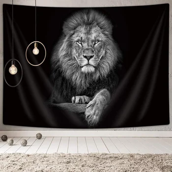 Лев Дикое животное Африканский Гобелен на черном фоне, Настенное одеяло для спальни, Коллаж, украшение гостиной в общежитии