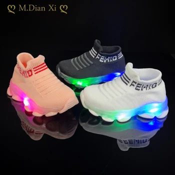 Популярные спортивные носки из летающей ткани для мальчиков и девочек, Обувь со светодиодной подсветкой, Новая детская дышащая эластичная одноступенчатая детская обувь, кроссовки