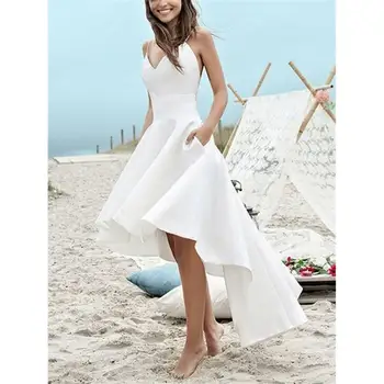 Гламурные белые короткие пляжные свадебные платья с бретельками-спагетти, на молнии с ВЫСОКОЙ и низкой спинкой, свадебные платья на заказ