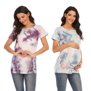 Футболка с краской для беременных, повседневная футболка для беременных с коротким рукавом, Круглый вырез, Базовая футболка для кормления, Топы для беременных