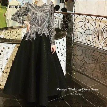 Verngo Скромные Черные Вечерние платья в арабском стиле из Дубая, женские вечерние платья с блестящими бусинами, Длинные рукава с круглым вырезом, вечерние платья для выпускного вечера, платье для особых случаев